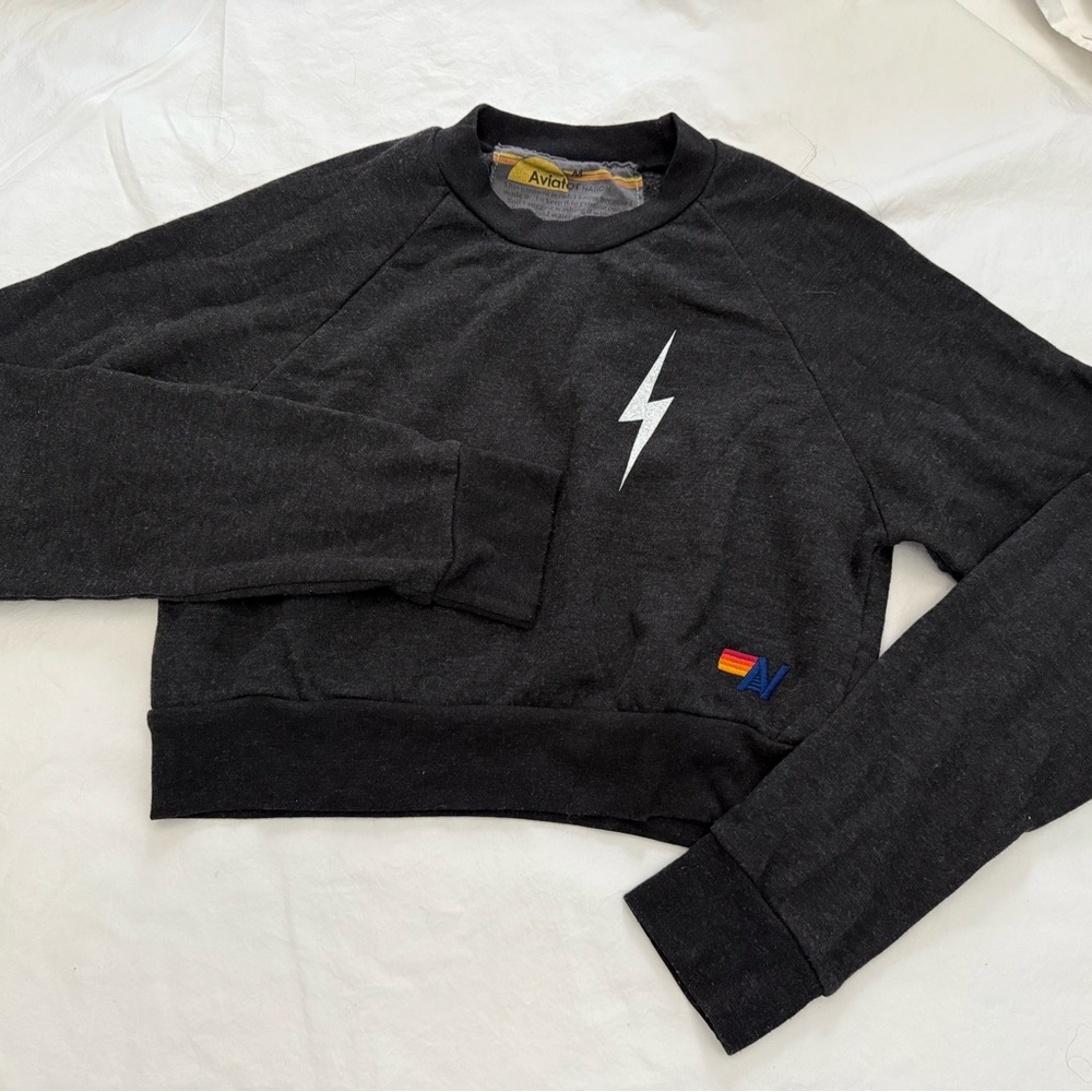 Aviator Nation Cropped Black Lightning Bolt Women’s Sweatshirt